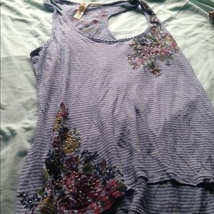 Women's blue and white striped floral tank top